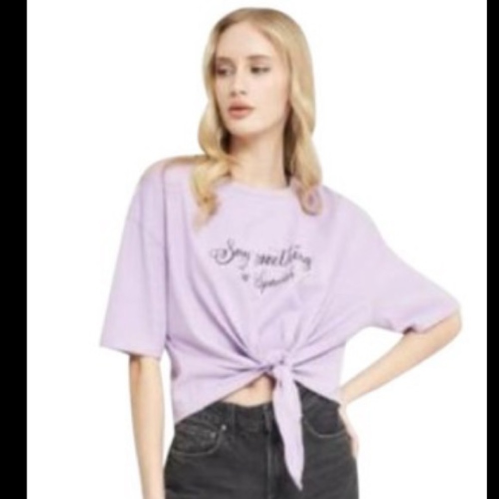 NWT Zara Lilac Say Something In Spanish Slogan Tie Front Small Relax Tee Shirt
